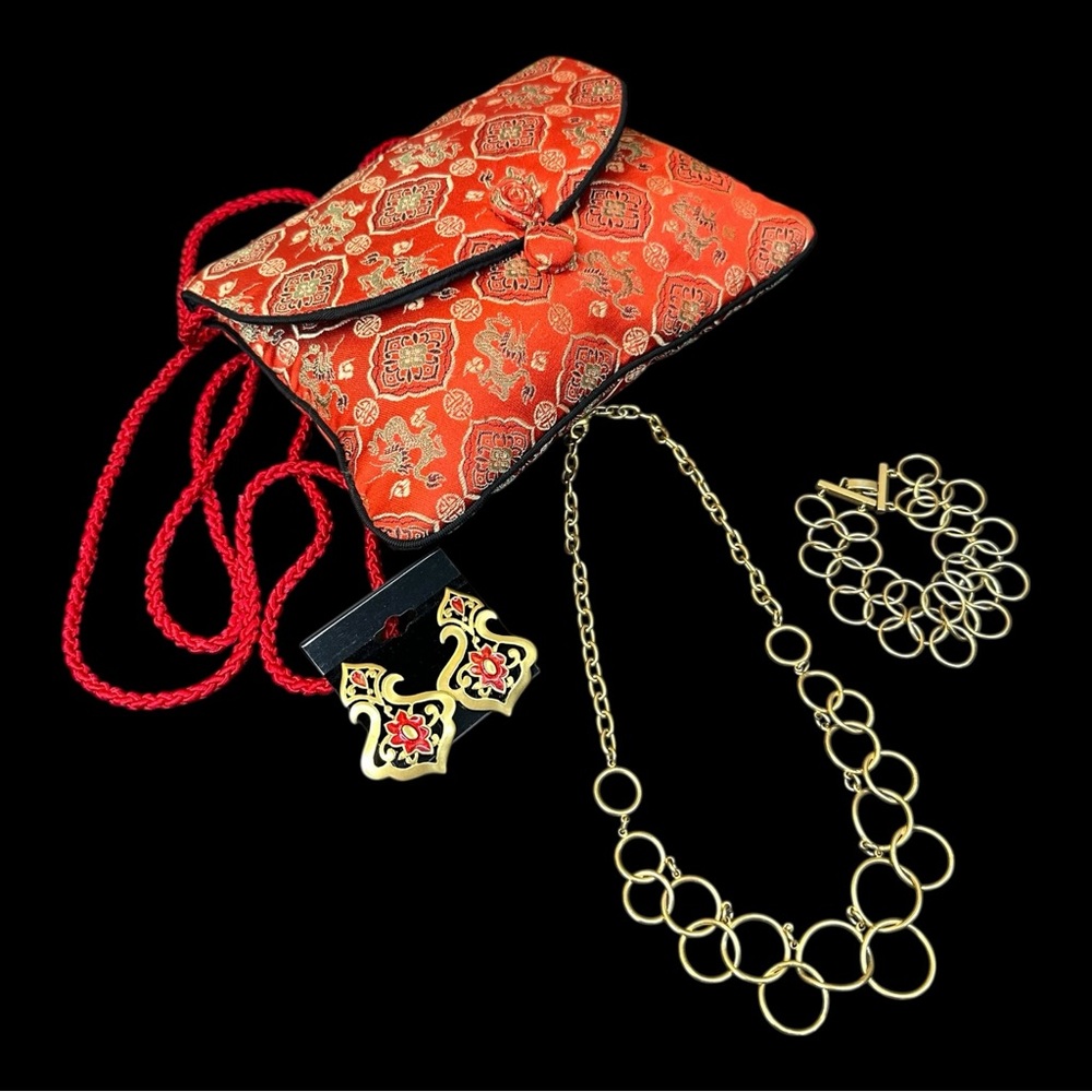 Premier Design Necklace & Bracelet Matte Gold Tone Post Earrings & Free Silk Bag